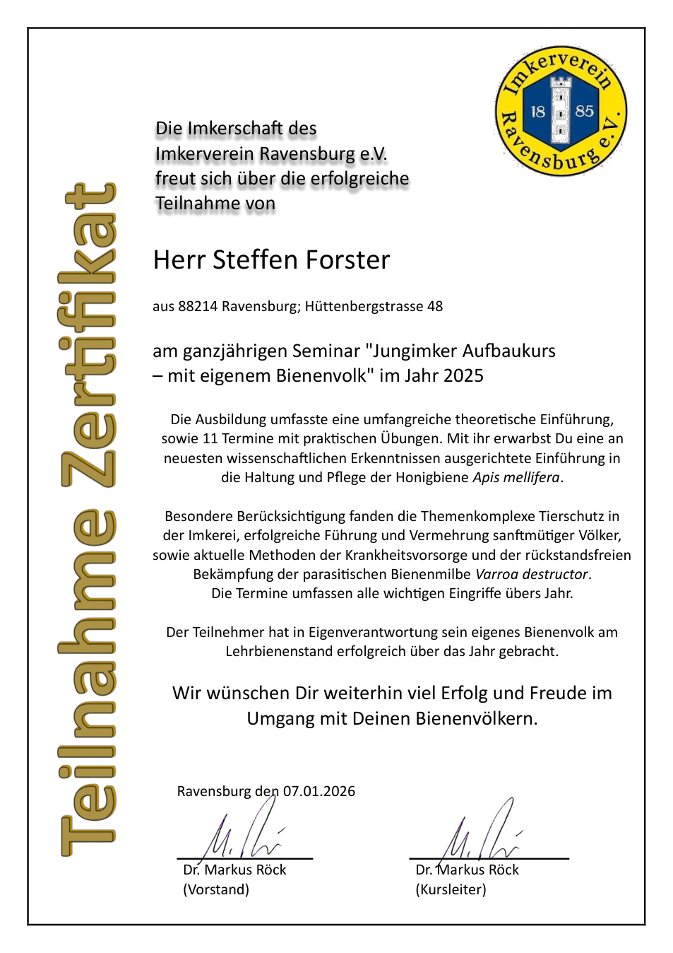 Zertifikat Jungimker Aufbaukurs der Imkerei Forster